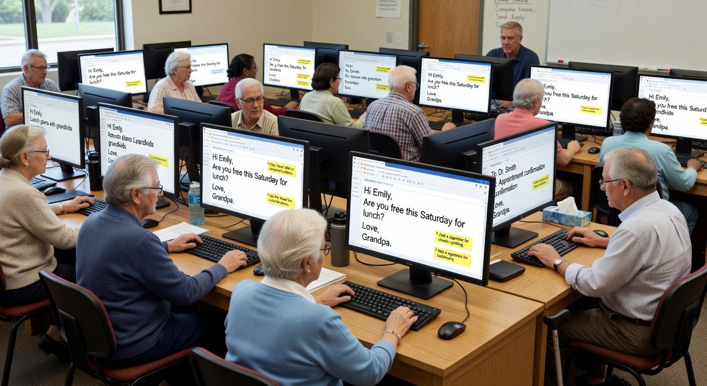 メール作成を練習するシニアたち